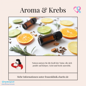 Bild zum Beitrag Aromatherapie und Krebs, mit Abbildung von Aromaflasche und Früchten sowie beschreibenden Text.