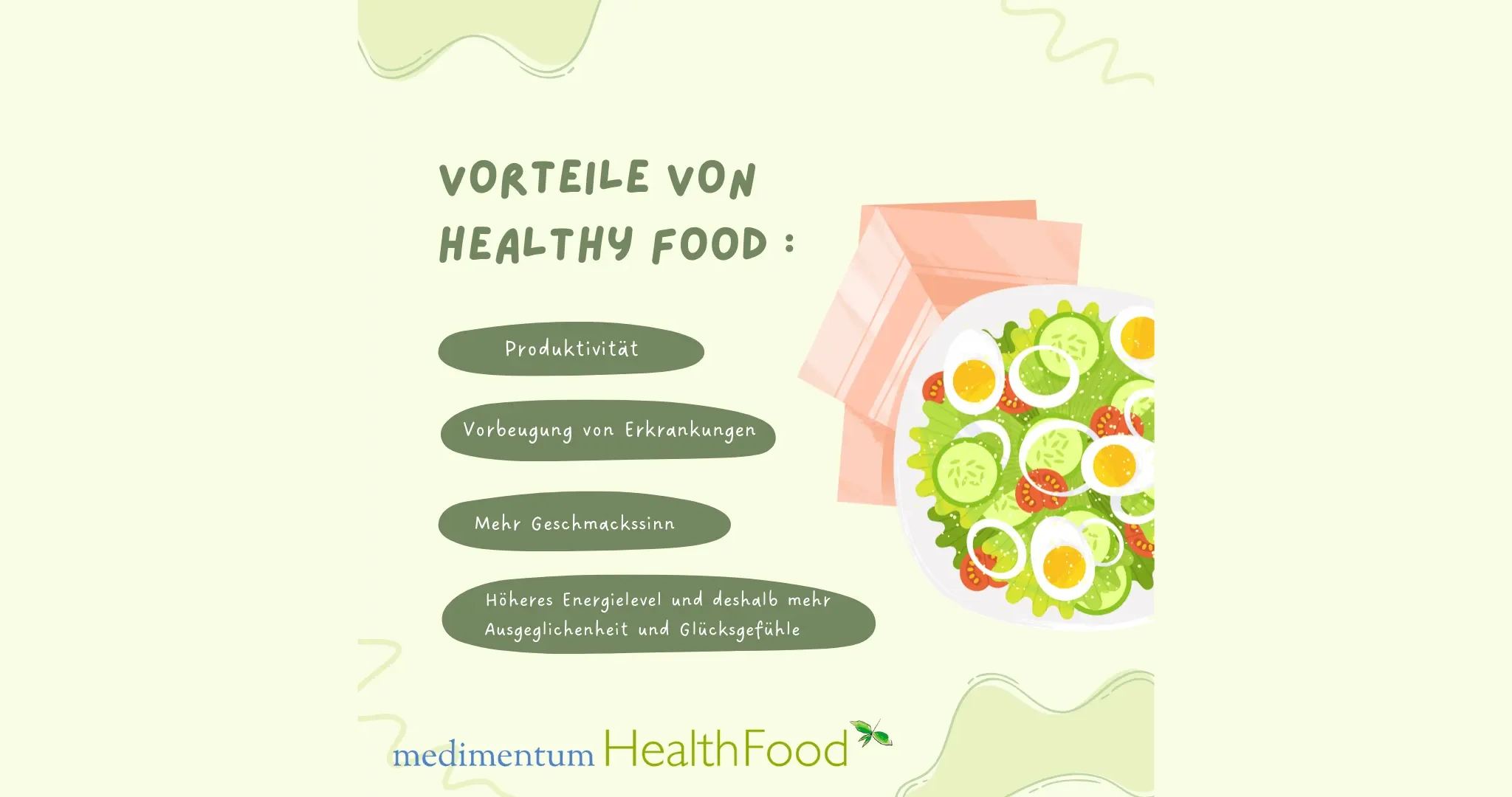 Infografik mit Text: "Vorteile von Healthy Food": Produktivität, Vorbeugung von Erkrankungen, mehr Geschmackssinn, höheres Energielevel und deshalb mehr Ausgeglichenheit und Glücksgefühle".